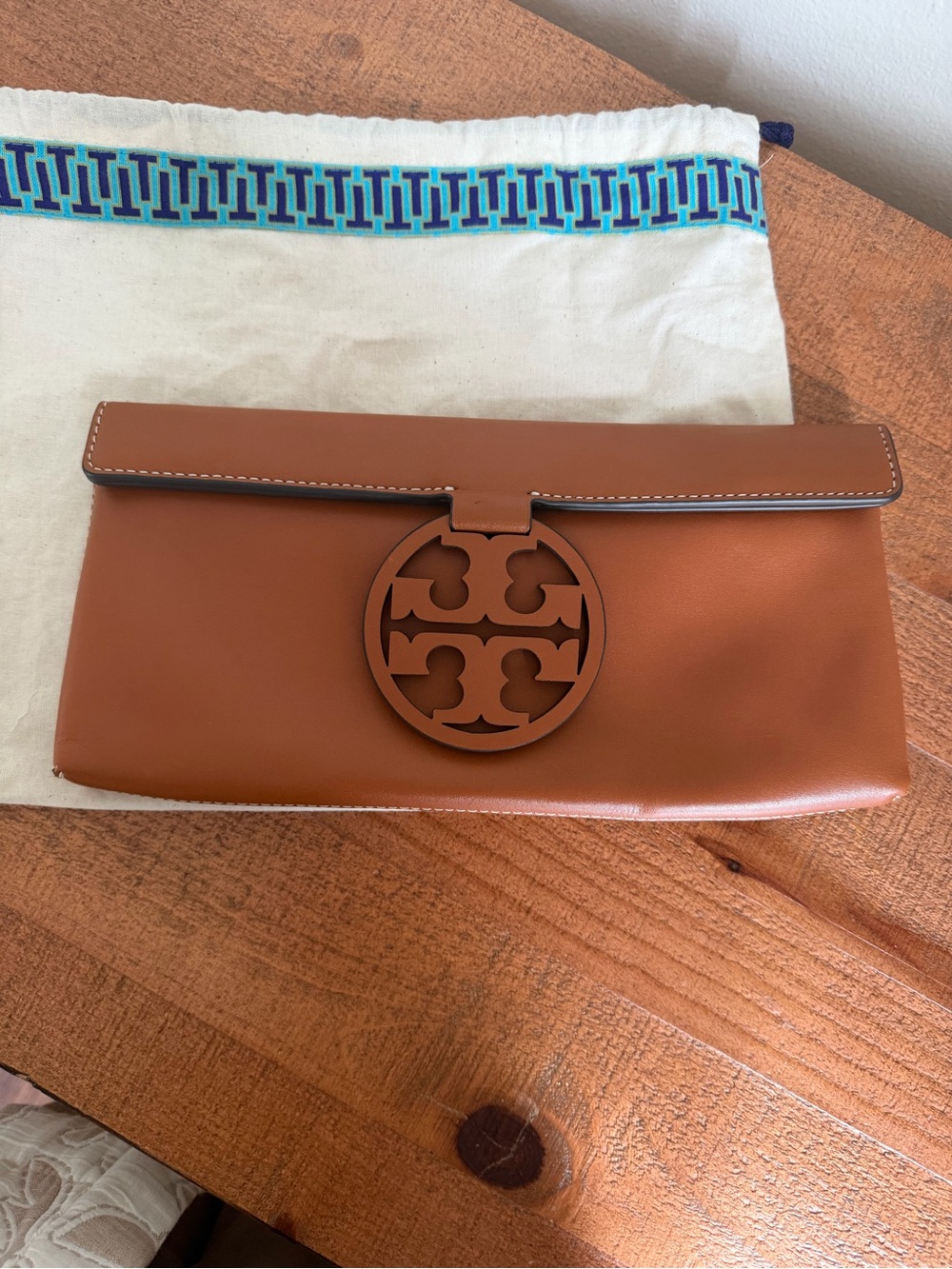 Tory Burch Cognac Leather Logo Clutch